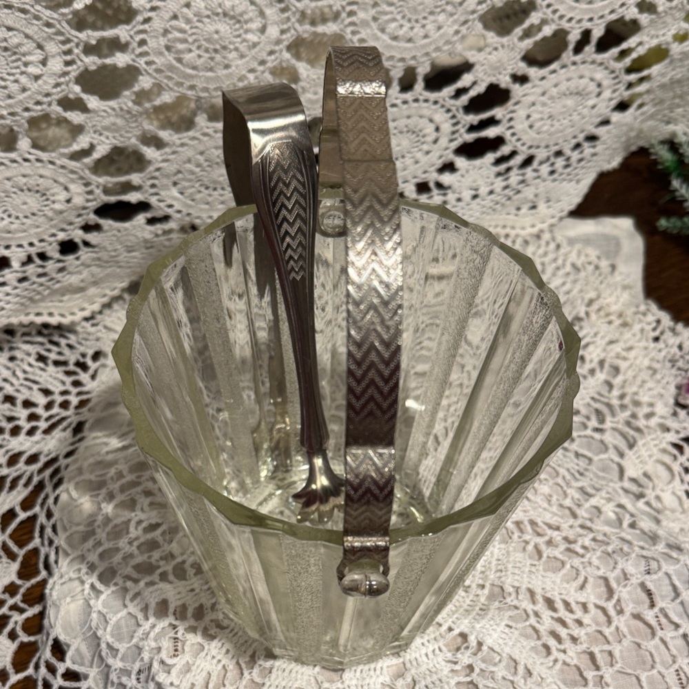 Ice Bucket with Frosted Striped Glass and has an Etched Handle and Tongs - Picture 5 of 16